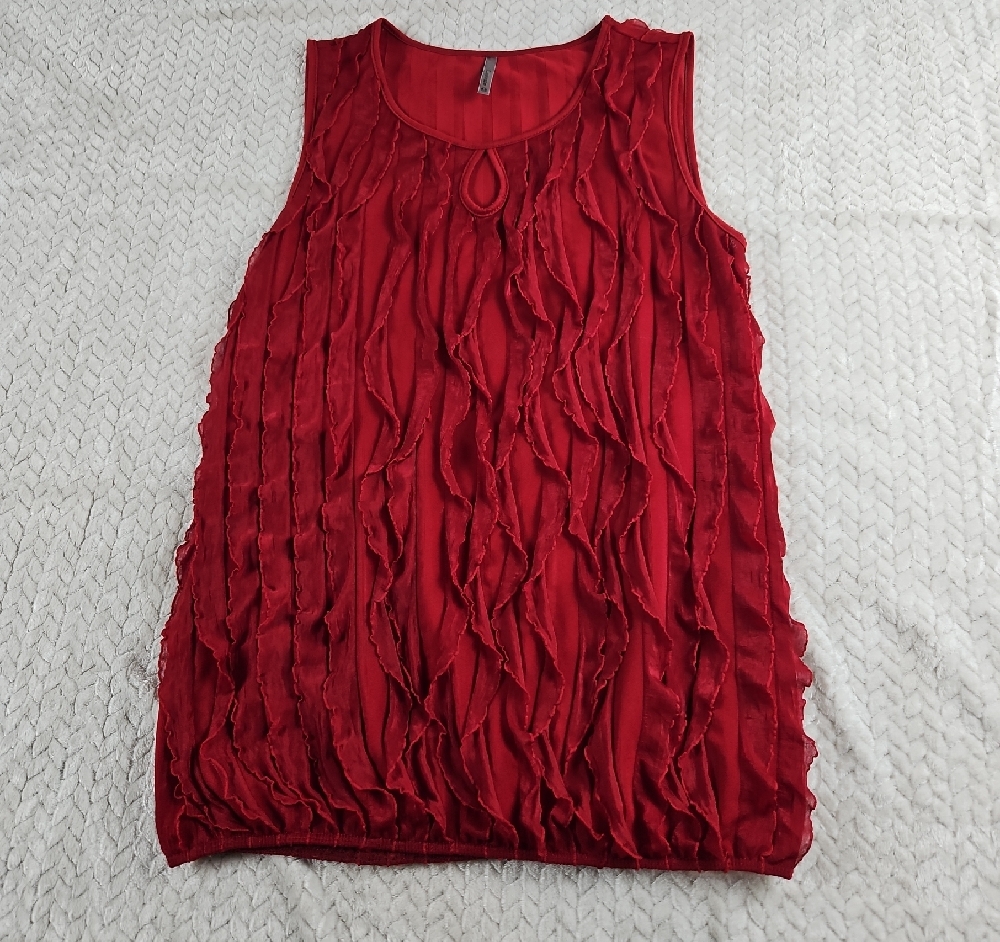 Espresso Sz Med Red Sleeveless round neck pull over ruffled blouse. work wear